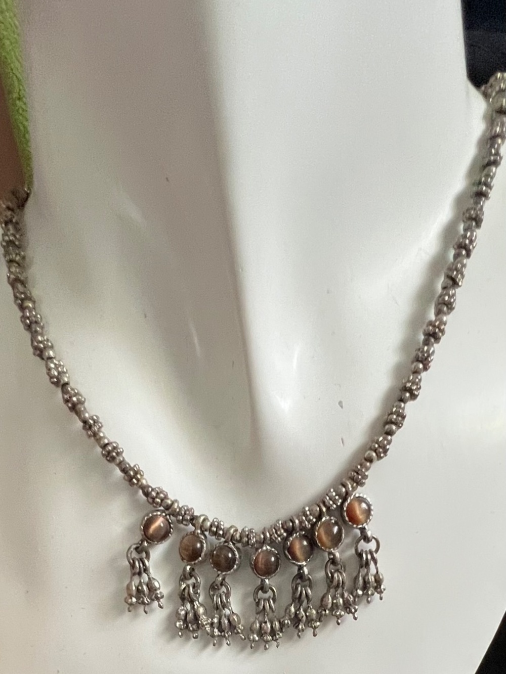 Vintage Tribal Ethnic Sterling Silver Tigers Eye Fringe Tassel Necklace Boho - Picture 3 of 9